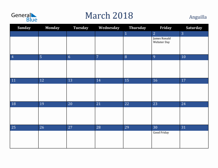 March 2018 Anguilla Calendar (Sunday Start)