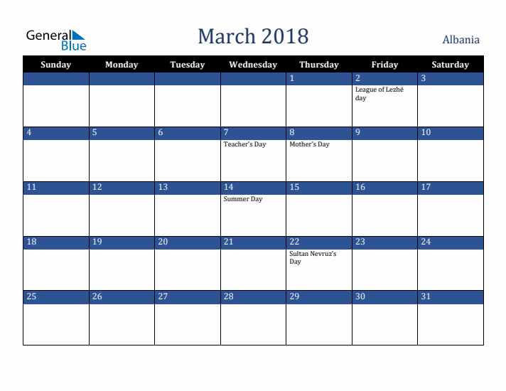 March 2018 Albania Calendar (Sunday Start)