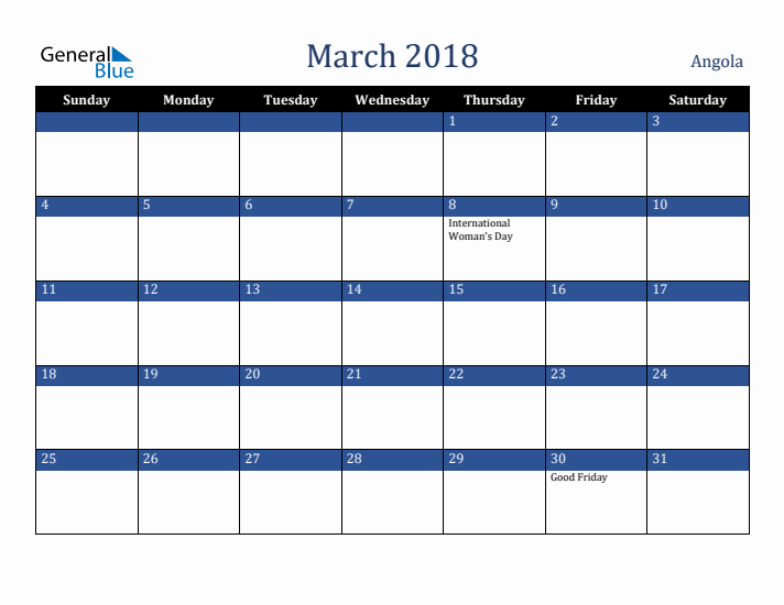 March 2018 Angola Calendar (Sunday Start)