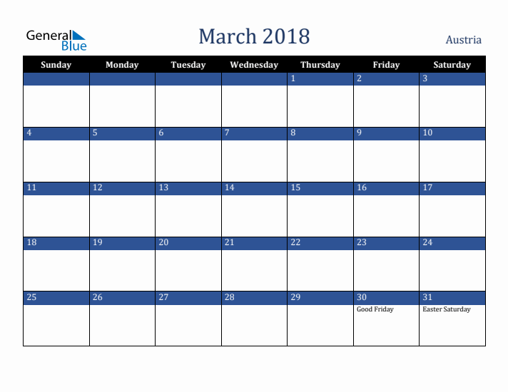 March 2018 Austria Calendar (Sunday Start)