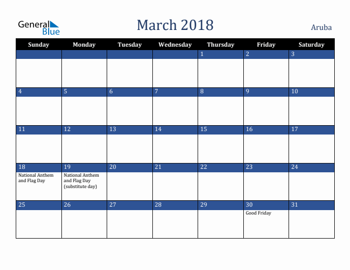 March 2018 Aruba Calendar (Sunday Start)