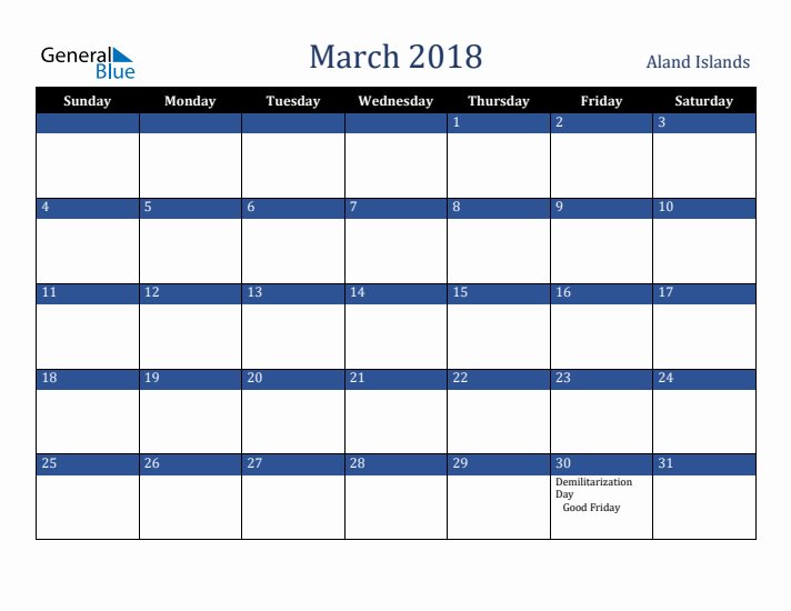 March 2018 Aland Islands Calendar (Sunday Start)