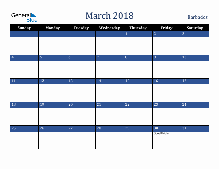 March 2018 Barbados Calendar (Sunday Start)