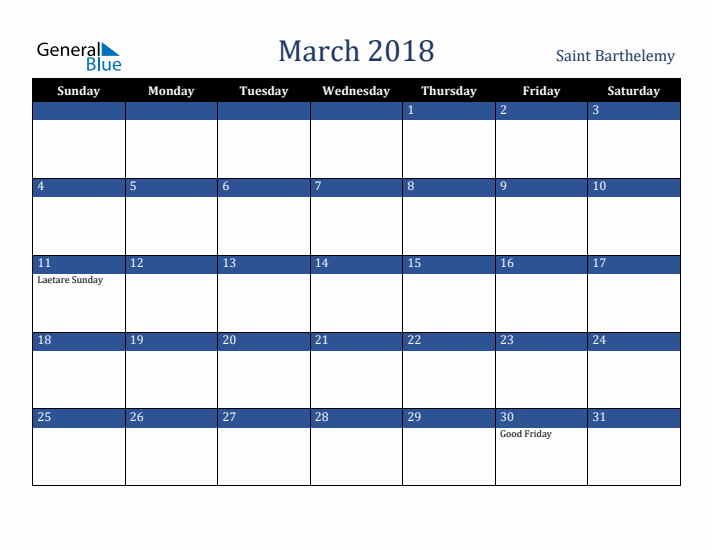 March 2018 Saint Barthelemy Calendar (Sunday Start)