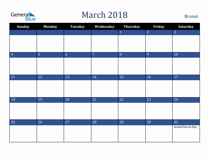 March 2018 Brunei Calendar (Sunday Start)