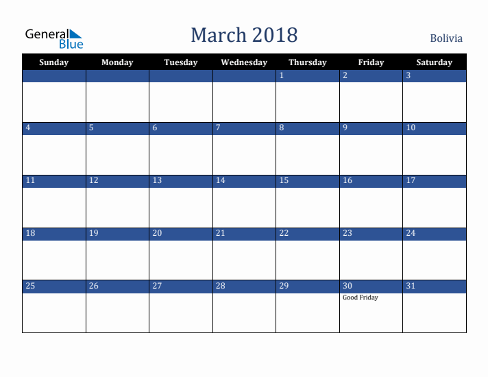 March 2018 Bolivia Calendar (Sunday Start)
