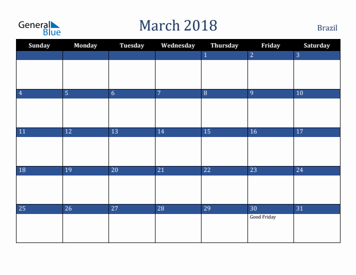 March 2018 Brazil Calendar (Sunday Start)