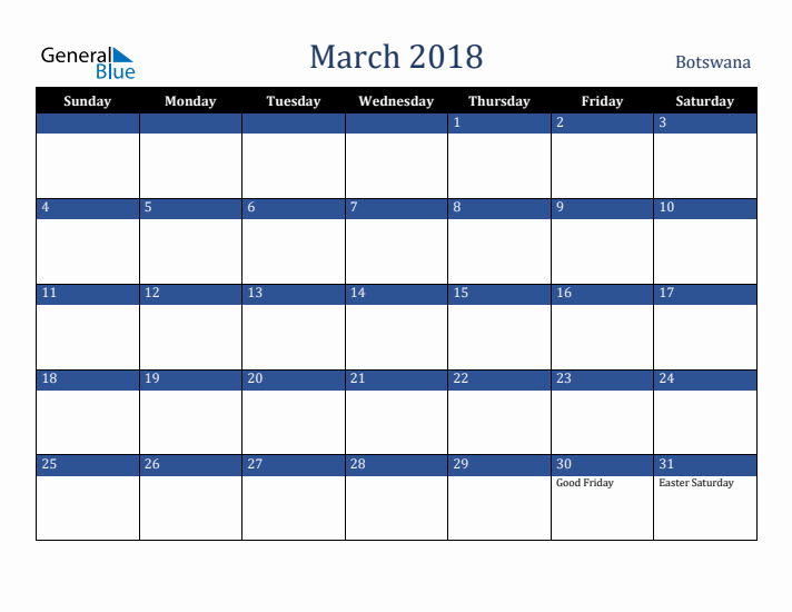 March 2018 Botswana Calendar (Sunday Start)