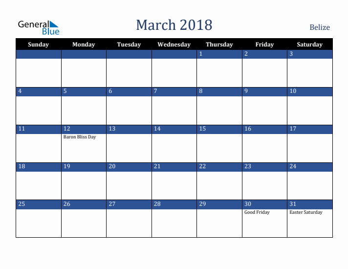March 2018 Belize Calendar (Sunday Start)
