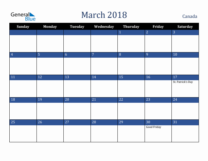March 2018 Canada Calendar (Sunday Start)