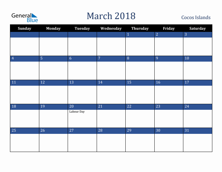 March 2018 Cocos Islands Calendar (Sunday Start)