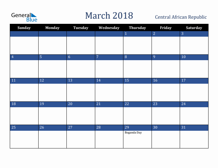 March 2018 Central African Republic Calendar (Sunday Start)