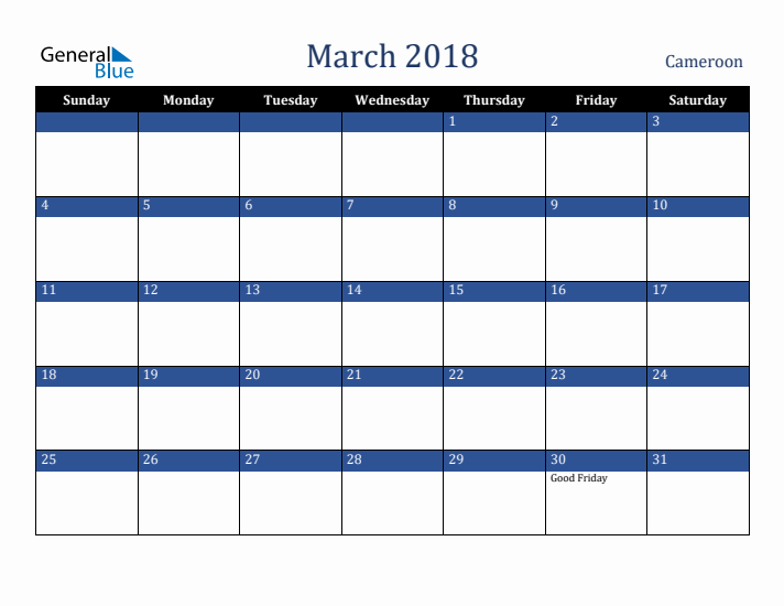 March 2018 Cameroon Calendar (Sunday Start)