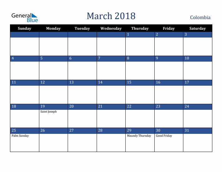 March 2018 Colombia Calendar (Sunday Start)