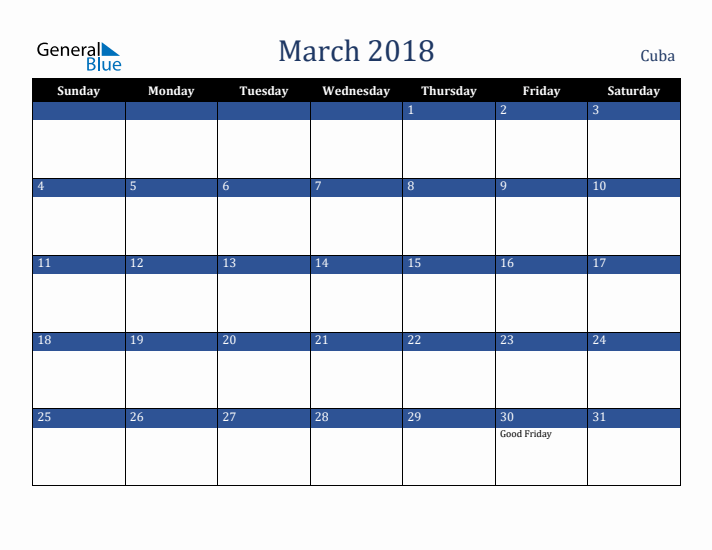 March 2018 Cuba Calendar (Sunday Start)
