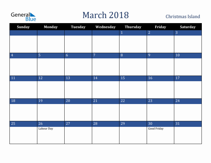 March 2018 Christmas Island Calendar (Sunday Start)