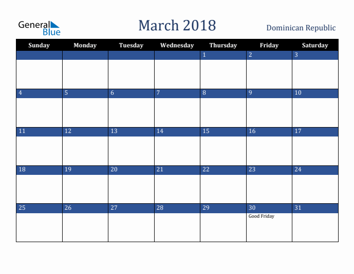 March 2018 Dominican Republic Calendar (Sunday Start)