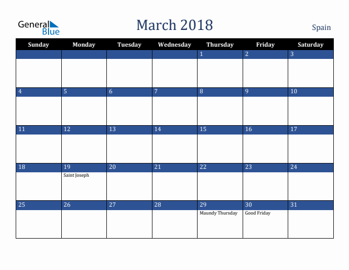March 2018 Spain Calendar (Sunday Start)