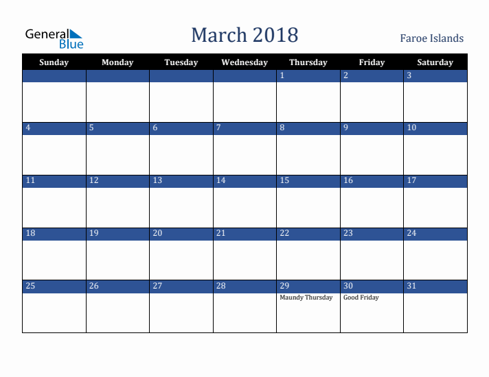 March 2018 Faroe Islands Calendar (Sunday Start)