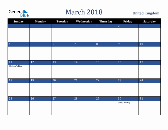 March 2018 United Kingdom Calendar (Sunday Start)