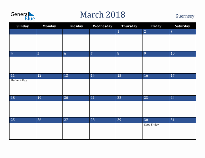 March 2018 Guernsey Calendar (Sunday Start)