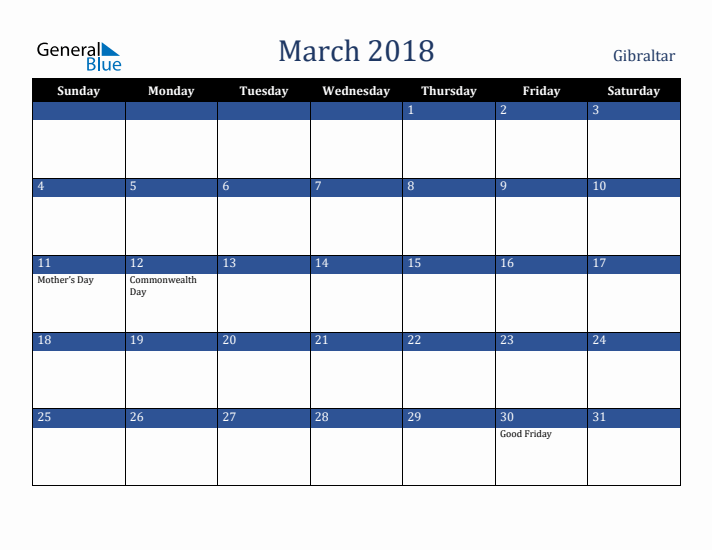 March 2018 Gibraltar Calendar (Sunday Start)