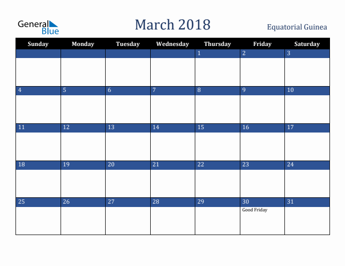 March 2018 Equatorial Guinea Calendar (Sunday Start)