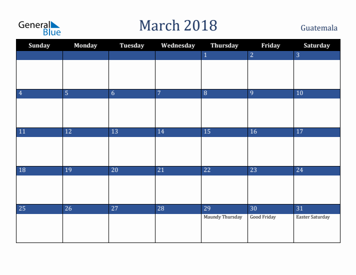 March 2018 Guatemala Calendar (Sunday Start)