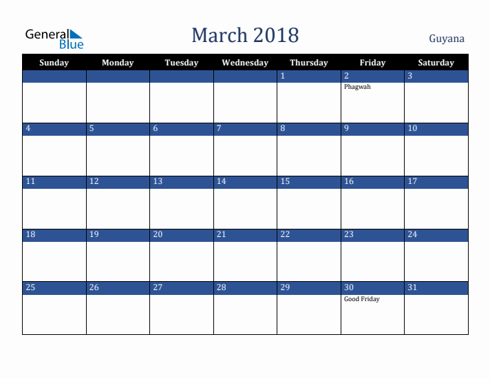 March 2018 Guyana Calendar (Sunday Start)