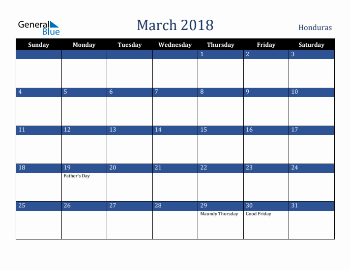March 2018 Honduras Calendar (Sunday Start)