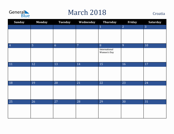 March 2018 Croatia Calendar (Sunday Start)