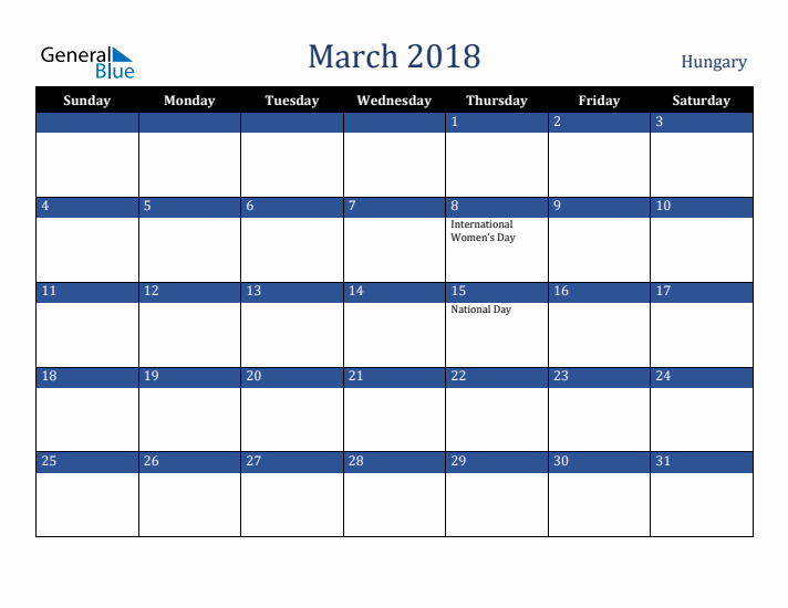 March 2018 Hungary Calendar (Sunday Start)