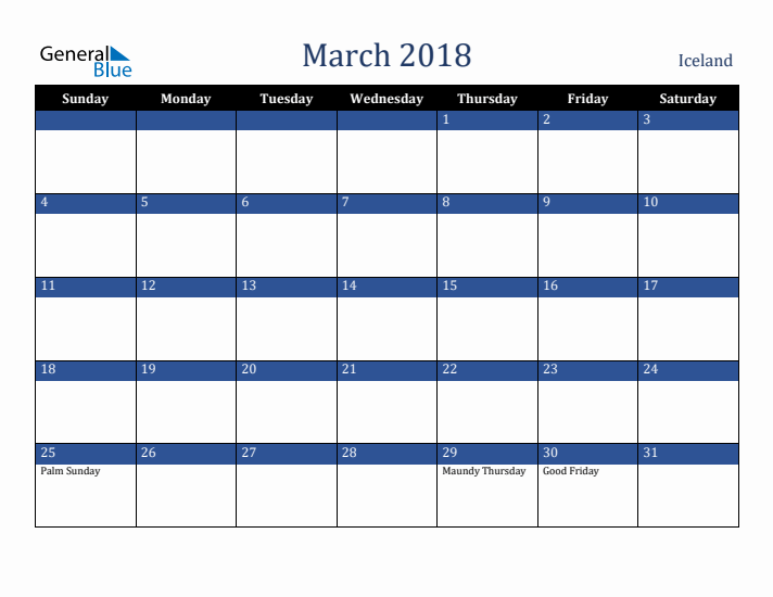 March 2018 Iceland Calendar (Sunday Start)