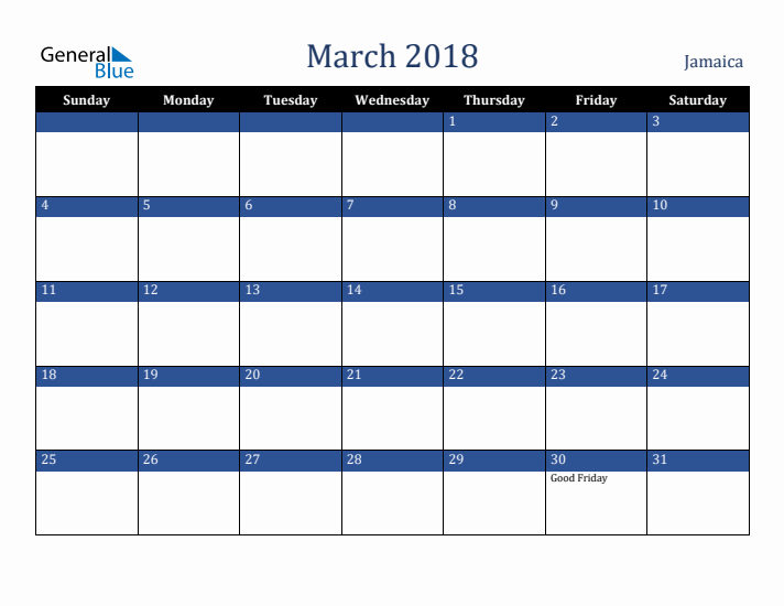 March 2018 Jamaica Calendar (Sunday Start)