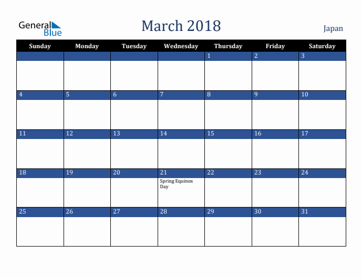 March 2018 Japan Calendar (Sunday Start)