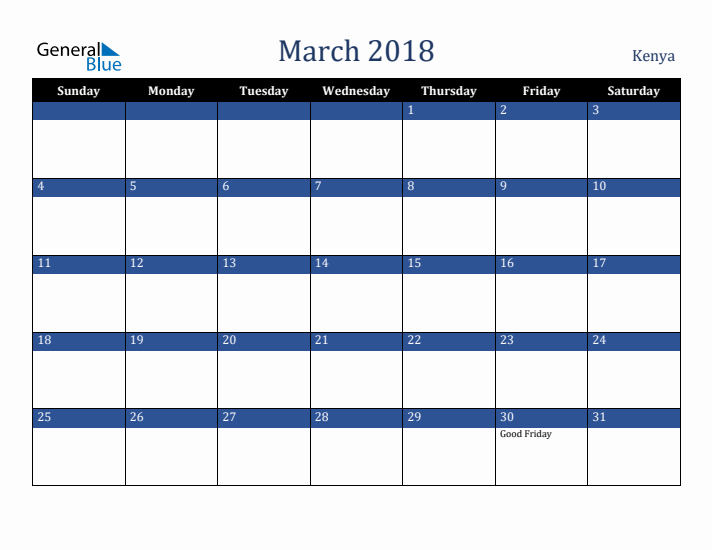 March 2018 Kenya Calendar (Sunday Start)