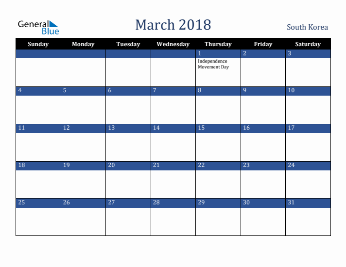 March 2018 South Korea Calendar (Sunday Start)