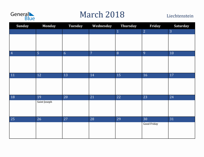 March 2018 Liechtenstein Calendar (Sunday Start)
