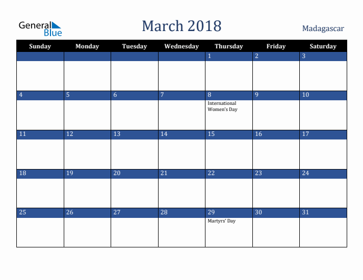 March 2018 Madagascar Calendar (Sunday Start)