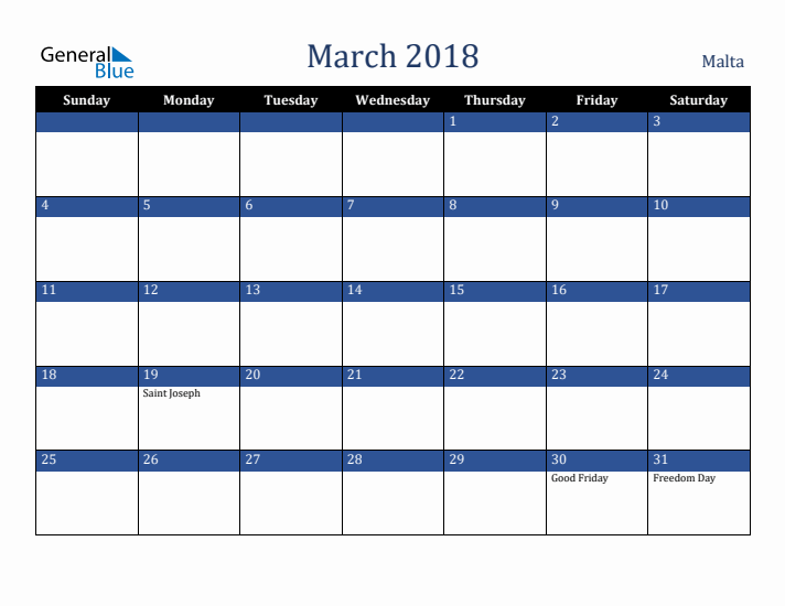 March 2018 Malta Calendar (Sunday Start)