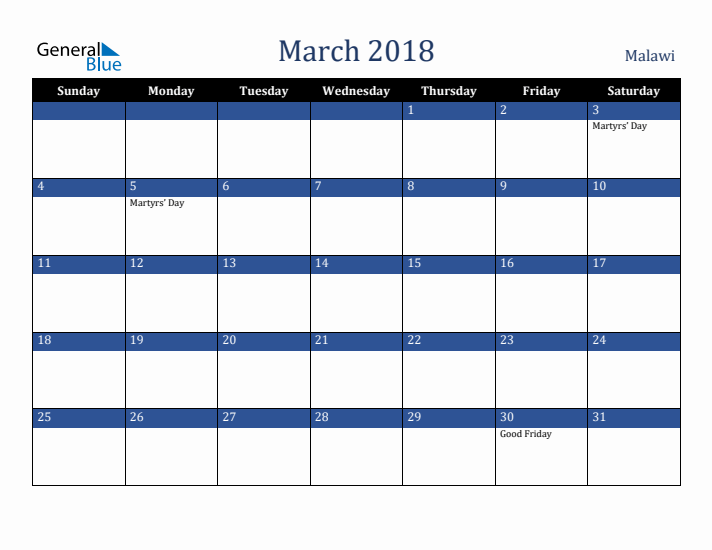 March 2018 Malawi Calendar (Sunday Start)
