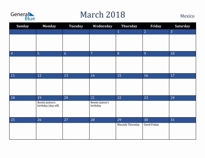 March 2018 Mexico Calendar (Sunday Start)