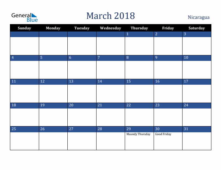 March 2018 Nicaragua Calendar (Sunday Start)