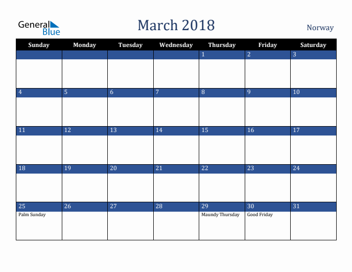 March 2018 Norway Calendar (Sunday Start)