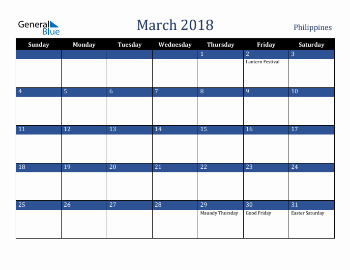 March 2018 Philippines Calendar (Sunday Start)