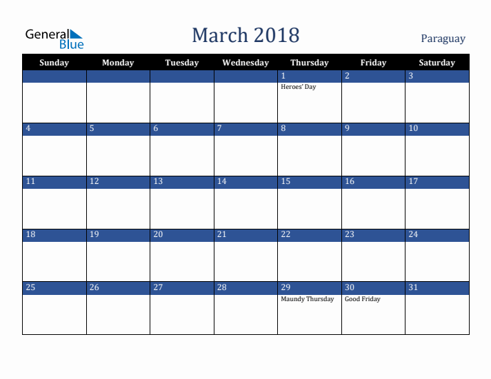 March 2018 Paraguay Calendar (Sunday Start)
