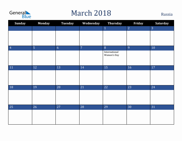 March 2018 Russia Calendar (Sunday Start)