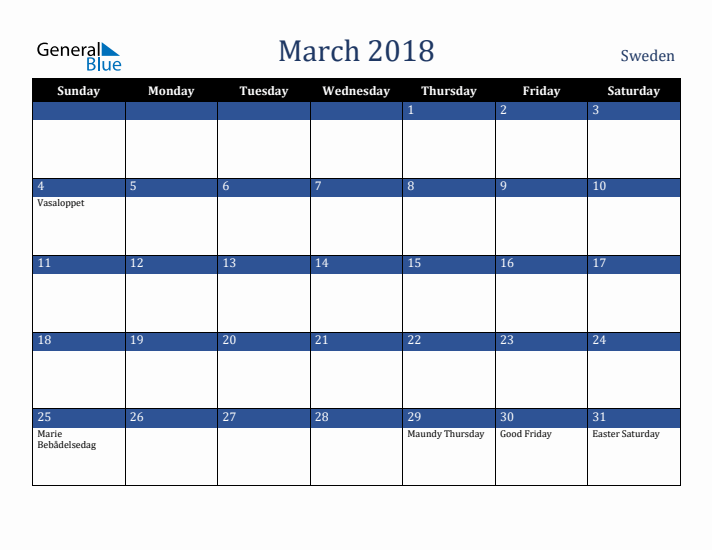 March 2018 Sweden Calendar (Sunday Start)