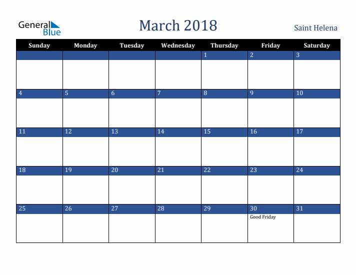 March 2018 Saint Helena Calendar (Sunday Start)