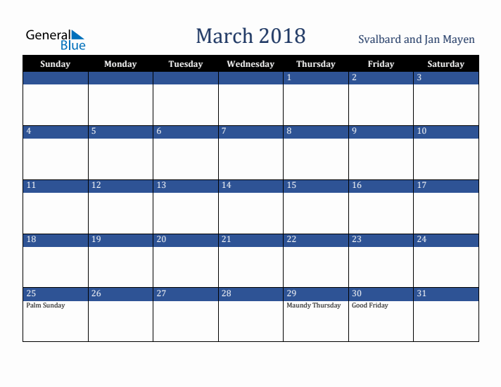 March 2018 Svalbard and Jan Mayen Calendar (Sunday Start)